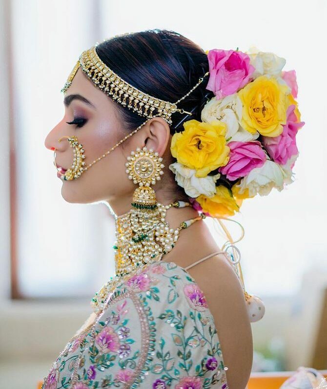 colorful floral bun hairstyle